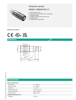 PEPPERL+FUCHS Ultrasonic Sensor UB300-18GM40-E5-V1 with Stainless Steel Construction for Industrial Automation and Universal Motor Type