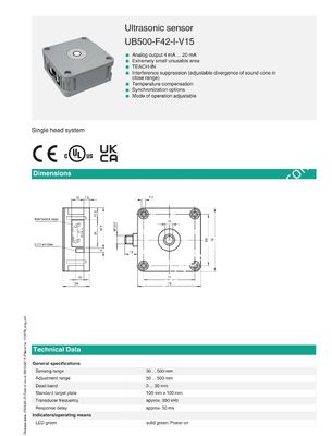 PEPPERL+FUCHS UB500-F42-I-V15 Ultrasonic Sensor with Plastic Material and Universal Motor Type for Power Station Applications