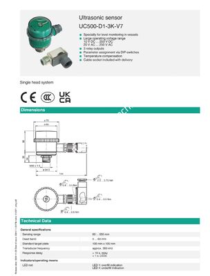 PEPPERL+FUCHS Ultrasonic Sensor UC500-D1-3K-V7 with 0.01% FS Accuracy and IP65 Protection for Industrial Automation